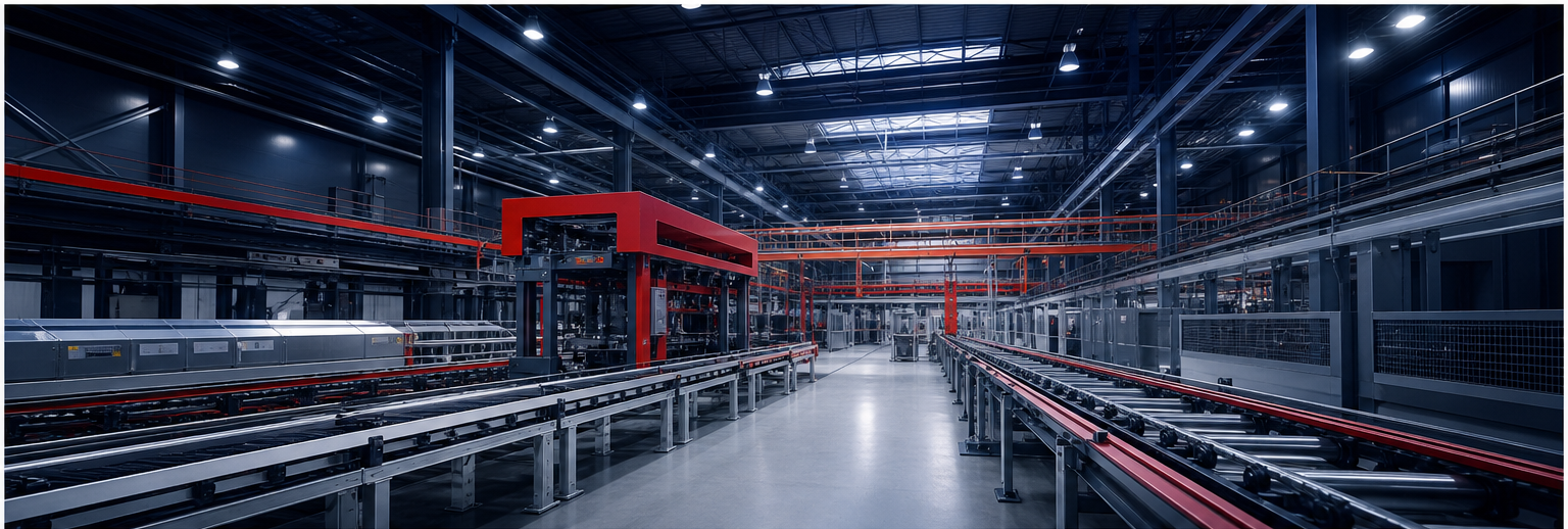 Industrial production hall with conveyor lines
